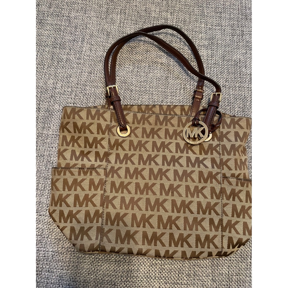 Michael Kors Jet Set Signature Monogram Canvas Tote Bag Brown Gold Hardware